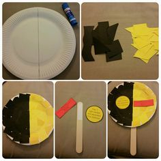 the process of making a paper plate with construction paper and construction tape on it is shown