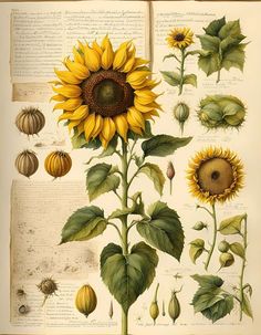 an open book with sunflowers and other flowers on it's pages, including one