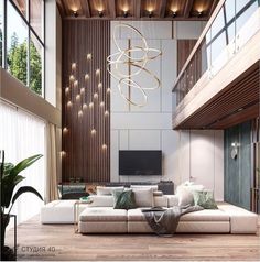 a modern living room with wood paneling and white couches in front of a flat screen tv mounted on the wall