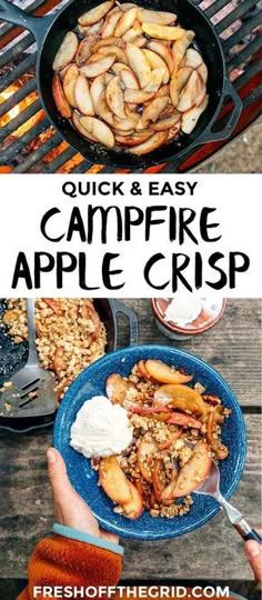 the recipe for campfire apple crisp is shown in two pictures