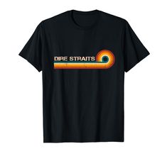 a black t - shirt with the words diree strats in orange, yellow and