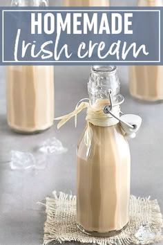 homemade irish cream is in a glass bottle on a burlap tablecloth with the text overlay reads homemade irish cream