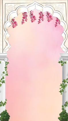 a pink background with white columns and flowers