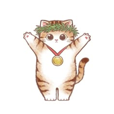 a drawing of a cat with a gold medal around its neck and hands in the air