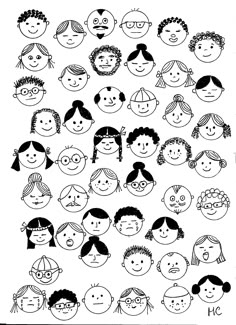 a black and white drawing of many different faces