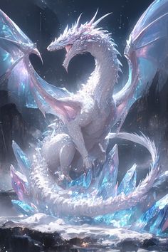 a large white dragon sitting on top of a body of water