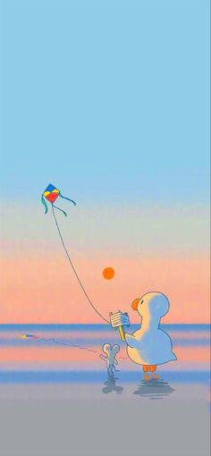 a cartoon duck flying a kite on the beach with an orange ball in it's mouth