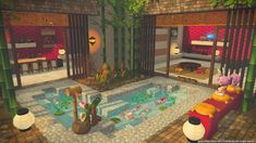 an animated image of a living room with fish in the water and plants growing on the walls