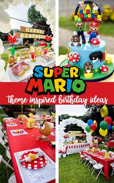 there is a birthday party with mario and other items on the table in front of it