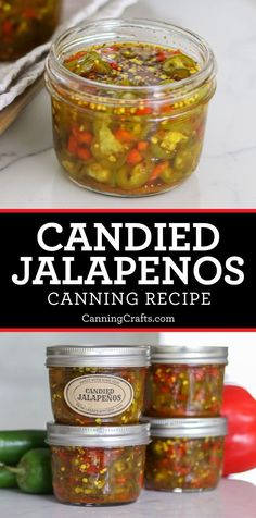 jars filled with canned jalapenos sitting on top of a counter