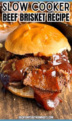 slow cooker beef brisket recipe on a bun