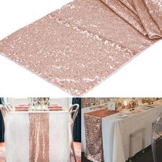 the table is covered with pink sequins and has a white table cloth on it