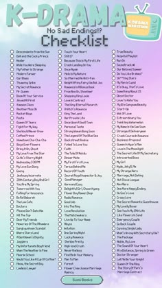 the k - drama checklist is shown in purple and blue with clouds behind it