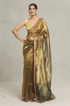 Gold saree with red contrast and gold lace, thread, sequin embellishment on border. - Aza Fashions Gold Silk Saree, Lace Border Saree, Embellished Saree, Gold Saree, Saree Women, Border Saree, Saree For Women, Sequin Embellishment, Gold Silk