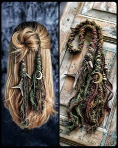 Dread Accessories Diy, Long Hair Accessories Ideas, Pagan Hairstyles, Goblincore Hair, Witchy Hairstyles, Alt Diy, Hair Tassels, Fantasy Elf