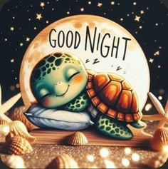 a painting of a turtle sleeping on a pillow with the words good night written above it