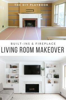 living room makeover before and after with fireplace, built - in bookcases