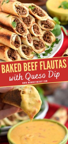 baked beef flautass with quesadilla dip is an easy appetizer