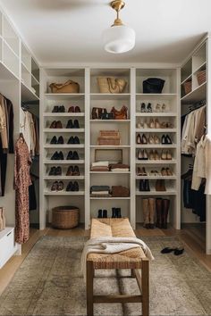 a walk in closet filled with lots of shoes and clothes on shelves next to a rug