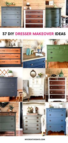 dressers painted in different colors and sizes with text overlay that says, 47 diy dresser makeover ideas