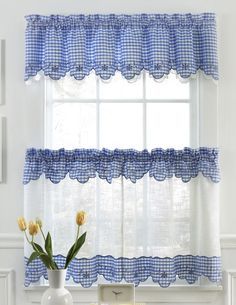 four different styles of window curtains with gingham checkers and scallions