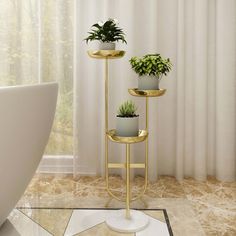 three potted plants sitting on top of metal stands