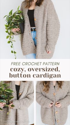 the free crochet pattern for this cozy, oversize button cardigan