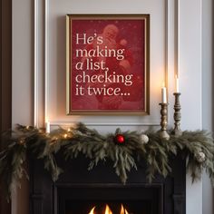 a fireplace with christmas decorations and lit candles