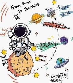 an astronaut is sitting on top of the moon with words written all over it and stars around him