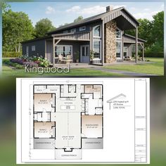 this is the floor plan for a two story house with an attached garage and covered porch