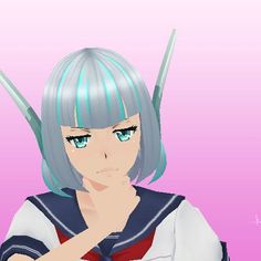 an anime character with blue hair and two horns on her head, looking at the camera