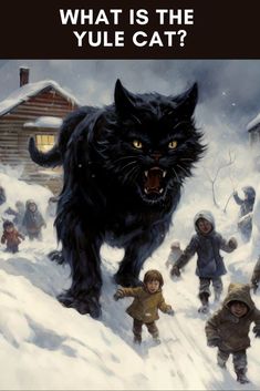 a black cat is walking through the snow with other children in front of it and text that reads, what is the yule cat?