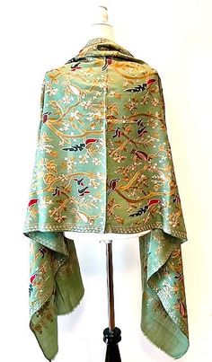 Artisan Embroidered Needlework On Silk Pashmina. Luxury Gift Item – Go Kismet Embroidered Pashmina Shawl, Bridal Pashmina, Luxury Shawl, Green Shawl, Green Embroidery, Tie Maxi Dress, Gold Cream, Pashmina Shawl, Indian Style