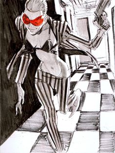 a black and white drawing of a clown with red glasses on his face, standing in front of a checkered floor