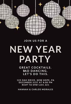 a black and white new year party flyer with hanging disco balls, stars and sparkles