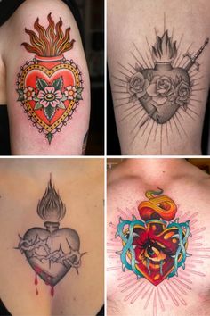 Celebrate faith and devotion with beautifully crafted Sacred Heart tattoo designs. These meaningful pieces often feature intricate details like flames, thorns, and rays of light, symbolizing love, sacrifice, and spirituality. Perfect for bold placements like the chest or arm, or more subtle areas like the wrist, these designs offer a timeless tribute to faith. Whether traditional or modern, each Sacred Heart tattoo is a striking expression of personal belief and devotion. Heart Tattoo Ideas, Sacred Heart Tattoo, Sacred Tattoo, Sacred Heart Tattoos, Flame Tattoos, Religious Tattoo, Intricate Tattoo, Rays Of Light, Heart Tattoo Designs