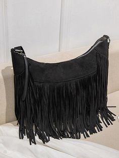 Black Vintage Collar  PU Leather Plain Square Bag Embellished   Women Bags Retro Fashion Women, Tassels Decor, Design Del Prodotto, Purse Black