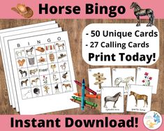 the printable horse bingo game is shown with pictures of horses and their names on it