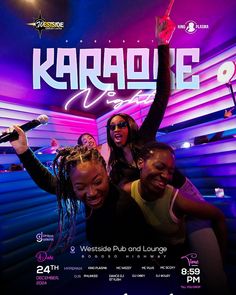 the poster for karaoke live featuring two women with their arms up in the air