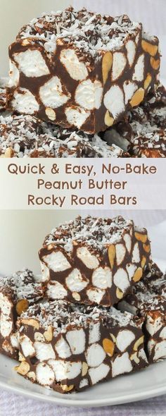 three different types of rocky road bars stacked on top of each other with the words quick and easy no - bake peanut butter rocky road bars