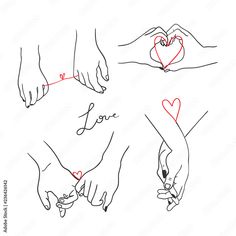 two hands holding each other with the word love written on them and hearts drawn in red ink