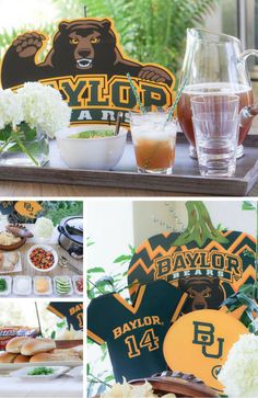 a collage of photos with food and drinks on the table in front of them