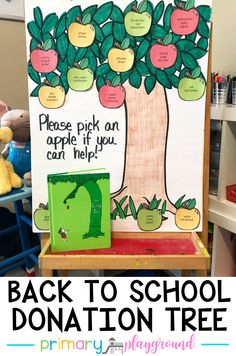 a back to school donation tree with apples on it and an apple tree in the background