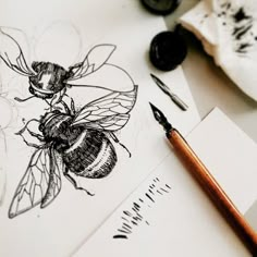 a drawing of a bee on paper next to a pen and inking utensil