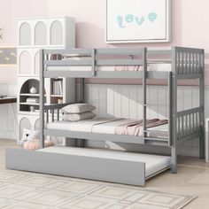 Twin Over Twin Rubber Wood Bunk Bed With Trundle, Ladder and Safety Guardrails, Convertible Into 2 Twin Size Beds