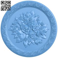 a blue plate with flowers on it and an qr code in the background that says,