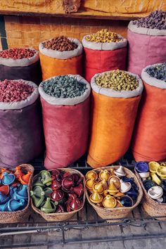 several baskets filled with different types of food