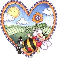 a drawing of a bee flying through the air with a heart shaped window behind it