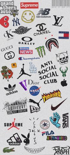 a bunch of logos that are all over the place in front of a white wall