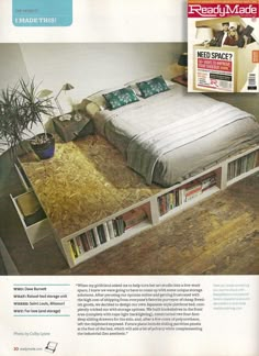 an advertisement for a bed made with books and magazines on the bottom shelf is shown